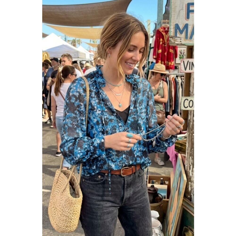 Anthropologie Blue Floral Sheer Blouse | Ruffle Neck | Size M | EUC